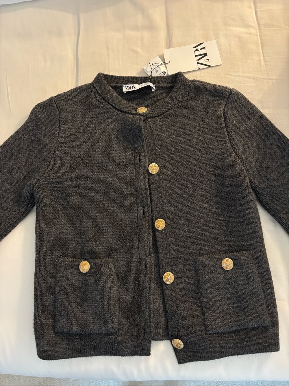 Zara Kids Dark Charcoal Knit Cardigan with Gold Buttons